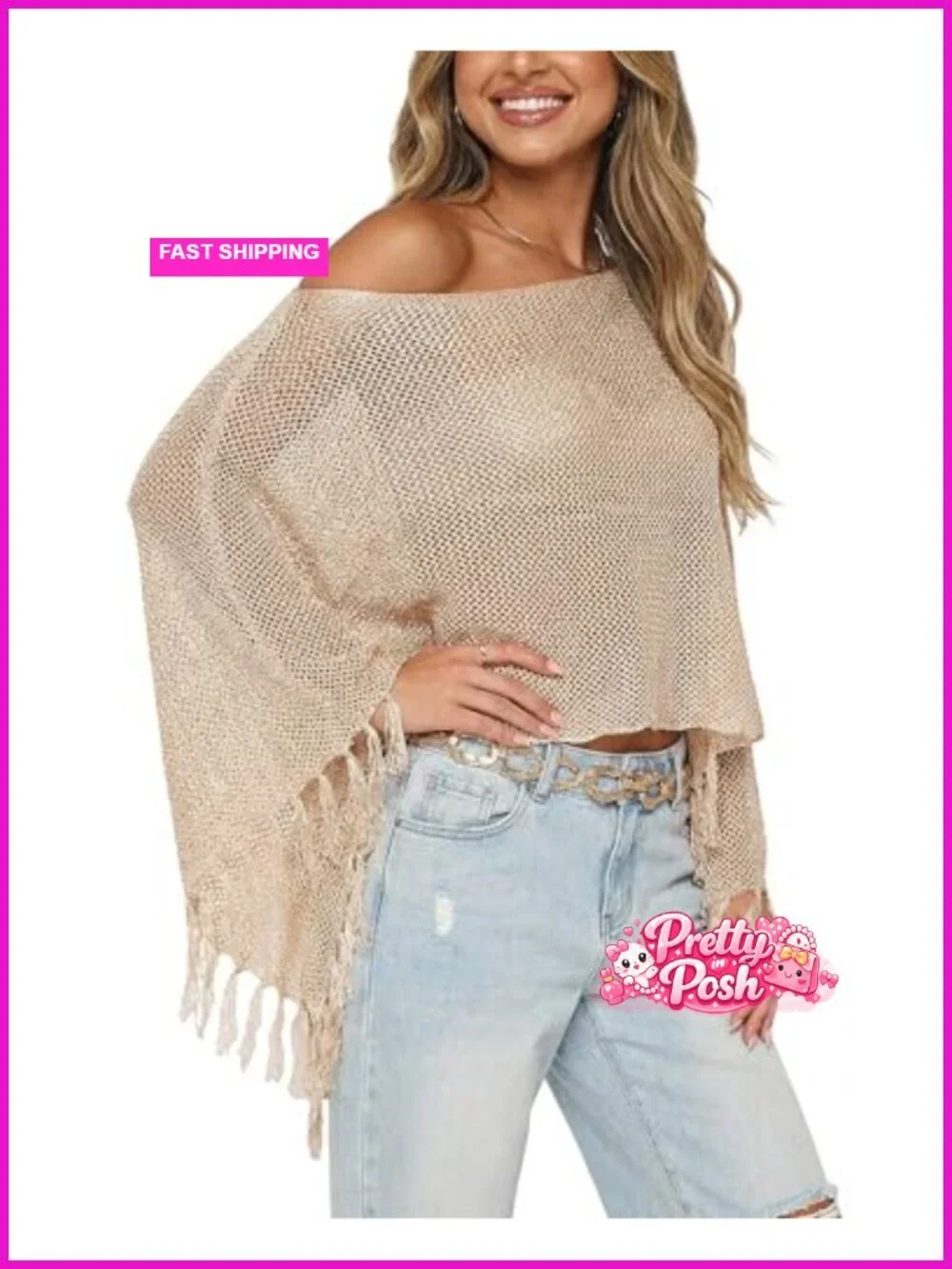 Sheer Knit Fringe Poncho Asymmetric One Shoulder Beach Cover Up